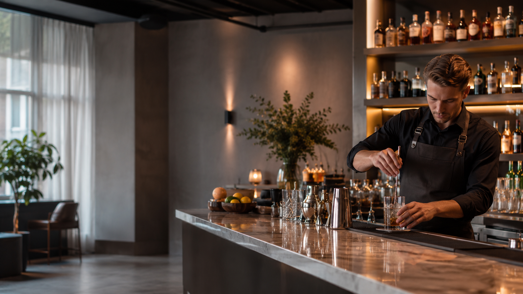 Bartenderelev övar på att göra en drink vid en marmordisk i en bar